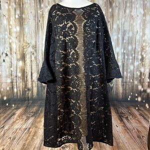 Lane Byrant Black Lace Overlay Dress Round Neck 3/4 Sleeve Midi Shift 26 Classic